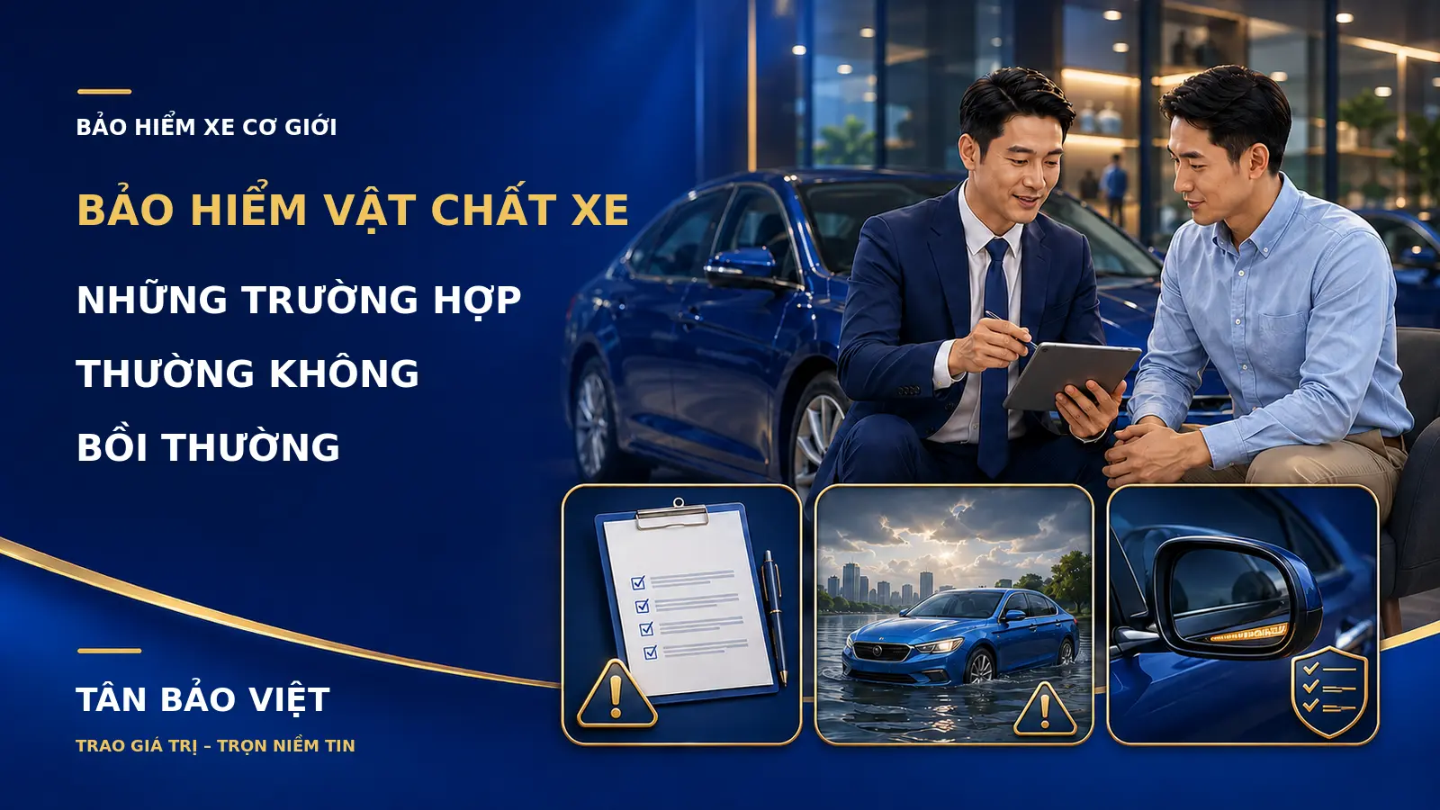 Chuyên viên cùng chủ xe kiểm tra các điều kiện và trường hợp loại trừ của bảo hiểm vật chất ô tô